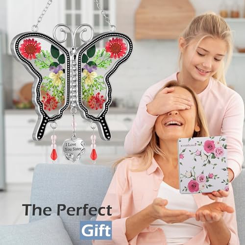 KY&BOSAM Butterfly Suncatcher I Love You Sister Stained Glass Panels Hangings for Windows Suncatchers Pressed Real Flower Wing in Glass Dream Catchers Birthday Mother`s Day Wind Chimes - Image 4