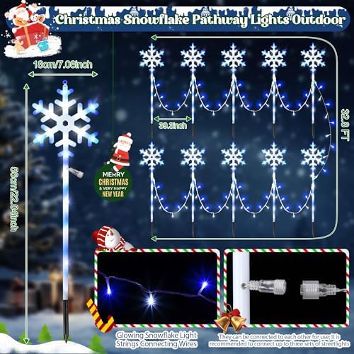 10 Pcs Christmas Snowflake Pathway Stake Lights for Outdoor Yard, 370 Bright LEDs Waterproof Large Christmas Snowflake Light Decoration for Garden Lawn Driveway Walkway Decor (Blue White) - Image 2