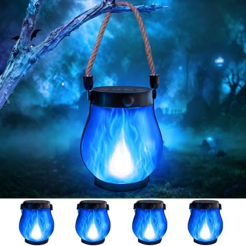 4 Pack Solar Lanterns Outdoor Waterproof Blue Solar Halloween Flame Lights by Halloween