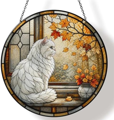 Fall Window White Cat Stained Glass Suncatcher 9.8" Colorful Window Hanging Ornament, Retro Sun Catcher Decor with Chain for Home Wall Garden Birthday Christmas Mothers Day by FeHuew