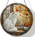 Fall Window White Cat Stained Glass Suncatcher 9.8" Colorful Window Hanging Ornament, Retro Sun Catcher Decor with Chain for Home Wall Garden Birthday Christmas Mothers Day by FeHuew