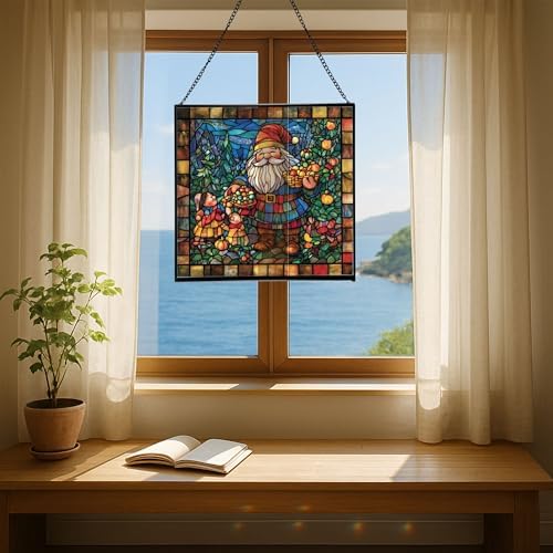 Gnome with Seasonal Celebration Stained Glass Suncatcher – Square Hanging Window Panel for Home, Garden, Nursery, Halloween, Christmas, Memorial Day – Whimsical Glass Art Gift for Gnome Lovers aovxtp - Image 6