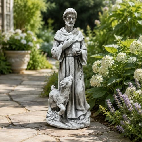 25.39 Inch St Francis Garden Statue With Lamb And Bird, Large Yard Statues by Unknown