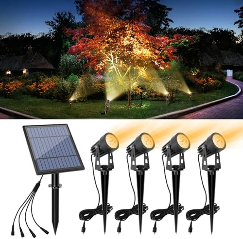 APONUO Metal Solar Spot Lights Outdoor with 9.8ft Cable Solar Powered Landscape Lighting Low Voltage IP65 Waterproof Auto On/Off for Outside Garden Yard Landscape Pathway Garage-Warm White(4-in-1) by APONUO