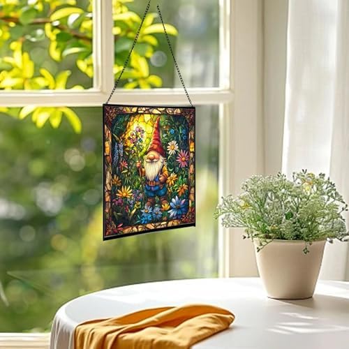 Midsummer Gnome Garden Stained Glass Suncatcher – Square Hanging Window Panel for Home or Greenhouse – Whimsical Glass Art Gift for Garden Lovers, Christmas, Halloween, Father Days P6KAqe - Image 3