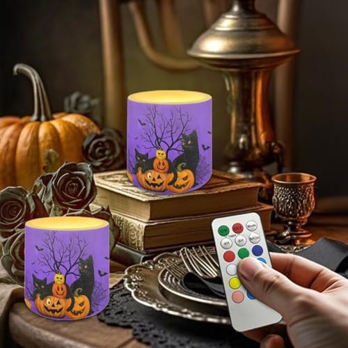 4Pcs Black Cat Pumpkin Flickering Flameless Candles with Remote Battery Operated Halloween Pillar Candles with Timer LED Elictric Pillar Tealights for Party Banquet Home Decorations - Image 3