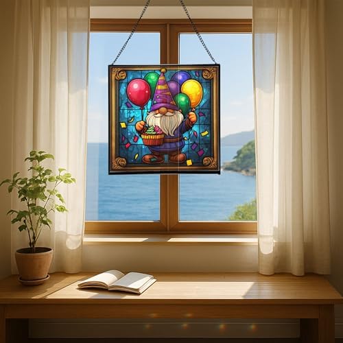 Birthday Balloon Gnome Stained Glass Suncatcher – Square Hanging Window Panel for Home or Greenhouse – Whimsical Glass Art Gift for Garden Lovers, Christmas, Halloween, Father Days mKbNDa - Image 6