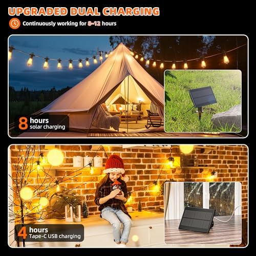 Kawaya Solar Powered String Lights for Outside: 100 FT LED Outdoor Patio Lights with USB-Charging - IP65 Waterproof Hanging Light - 50+2 Shatterproof Edison Bulbs for Bistro Cafe Camp Yard Balcony - Image 3