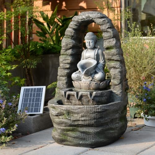 27.2" H Solar Water Fountain Outdoor with LED Lights, Zen Buddha Garden Water Feature with Cascading Flow for Patio Backyard Porch Decor by Unknown