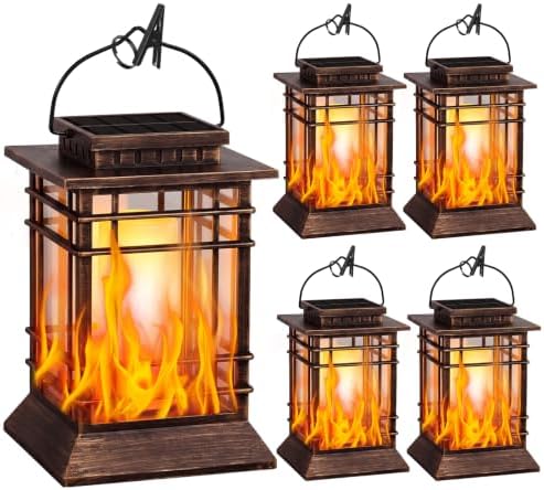 Brightever 4 Packs Solar Lanterns Outdoor Waterproof, Upgraded Flickering Flame Solar Lantern Lights with Handle, Auto On/Off Hanging & Standing Lantern for Yard Garden Table Decor, Bronze by Brightever