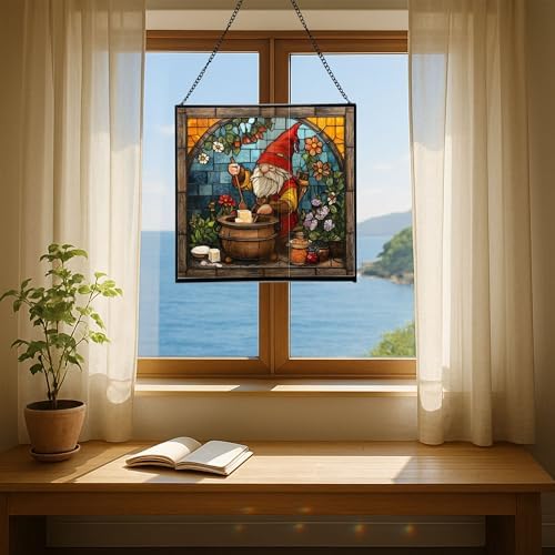 Gnome Making soap Stained Glass Suncatcher – Square Hanging Window Panel for Home, Garden, Nursery, Halloween, Christmas, Memorial Day – Whimsical Glass Art Gift for Gnome Lovers p4t1yu - Image 6