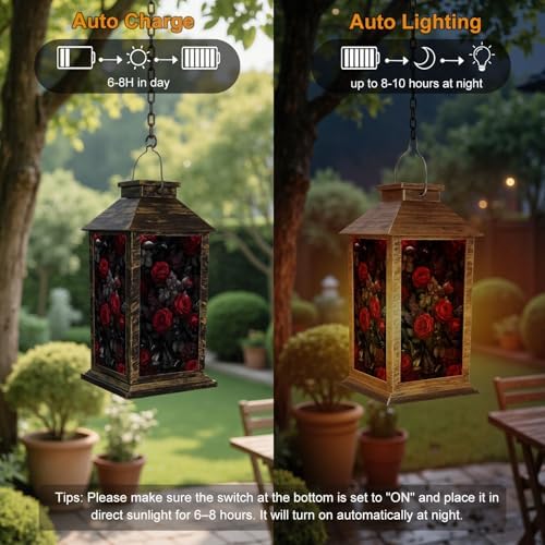 Solar Lantern Outdoor Garden Hanging Lantern Deep Burgundy Roses Dark Floral Black Waterproof Solar Powered Lighting Outside Table Lamp for Patio Deck Yard Camping - Image 4