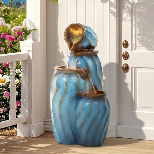 Grepatio Outdoor 4-Tiers Water Fountain, 30" H Cascading Fountain with 3 LED Lights, Outdoor Resin Fountains Waterfalls for Garden, Patio, Yard, and Deck Decor with Blue Imitation Ceramics Look - Image 5