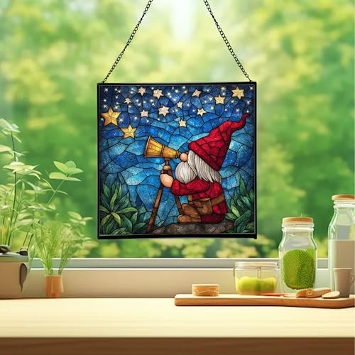 Star Gazer Gnome Stained Glass Suncatcher – Square Hanging Window Panel for Home or Greenhouse – Whimsical Glass Art Gift for Garden Lovers, Christmas, Halloween, Father Days j9i2JX - Image 2