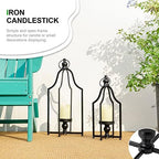 Glitzhome Set of 2 Modern Farmhouse Black Metal Lanterns Decorative Hanging Candle Lanterns for Indoor Outdoor Small&Large (No Glass) - Image 2