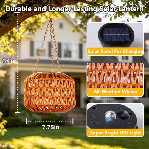2 Pack Solar Hanging Lanterns Outdoor Waterproof, Solar Rattan Chandelier Outdoor with 7.75in Boho Lantern, Hanging Pendant Lights for Outside Tree, Patio Decor for Garden Gazebo Porch Backyard Gifts - Image 3