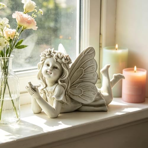 Garden Angel with Bird Statue, Resin Fairy Outdoor Memorial Decor - Image 6