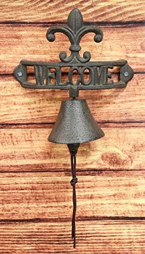 Ebros Gift Cast Iron Rustic Vintage Fleur De Lis Crown with Welcome Word Sign Door Wall Dinner Yard Bell Outdoor French Southwestern Farmhouse Accent Bells by EbrosGift