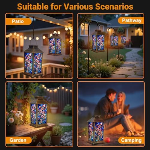 Solar Lantern Outdoor Waterproof Cherry Blossom Branch Pink Flowers Stained Glass Effect Style Blue Garden Decor LED Hanging Solar Lights Tabletop Lamp Gifts for Women Mom Outside Yard Patio Porch - Image 6
