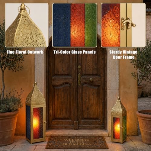 TRIROCKS 2-Pack Moroccan Candle Lanterns 23'' H Metal Vintage Candle Holder with Embossed Colored Tempered Glass Ramadan Lantern for Living Room Garden Yard Patio Parties Events (Gold) - Image 3