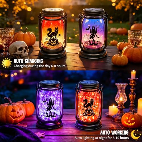 Halloween Solar Lanterns-Ghost &Cat Pumpkin Decor Hanging Mason Jar Lights - Image 2