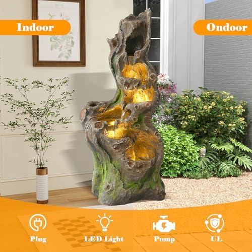 40" Tall Outdoor Water Fountain, 5-Tiers Cascading Realistic Tree Trunk Natural Water Feature, Large Garden Fountain with Waterfalls and LED Lights for Deck, Patio, Porch and Yard - Image 5
