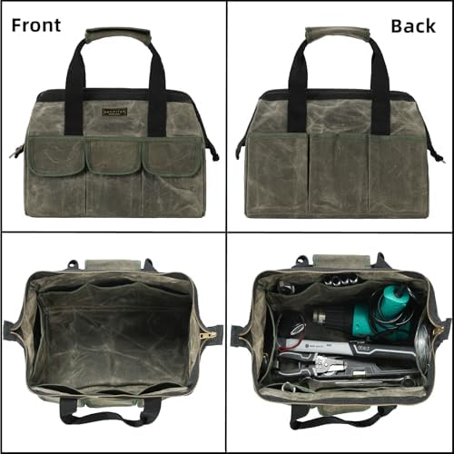 15 Inch Tool Bag, Heavy Duty Waxed Canvas Wide Mouth Water-Resistant Tool Pouch, Garden Tool Tote with 15 Pockets | ArmyGreen - Image 4