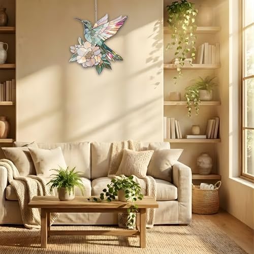 Floral Hummingbird Acrylic Suncatcher Size 10 inches, Boho Stained Glass Effect Window Hanging Ornament, Garden Decor, Gift for Mother's Day - Image 6