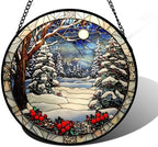 Winter Snow Night Scenery Stained Glass Window Hanging Suncatcher Gift 9.8" by DASTOLL
