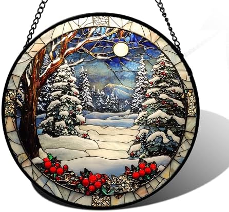 Winter Snow Night Scenery Stained Glass Window Hanging Suncatcher Gift 9.8" by DASTOLL