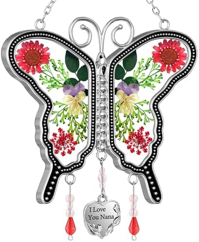 KY&BOSAM Suncatcher Butterfly Glass I Love You Nana Butterfly Suncatchers Ornament hangings for Windows Wind Chime with Pressed Flower Butterfly Embedded in Glass Mother`s Day Birthdays by KYBOSAM