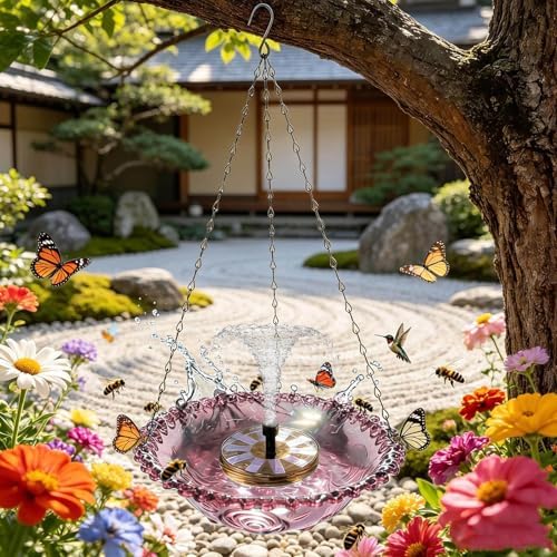 Hanging Solar Bird Bath Fountain Solar Powered Bird Bath Fountains Water Pump with 8 Spray Heads Water Feature for Hummingbirds in Garden Yard Patio, Purple - Image 6