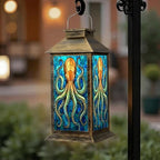 Solar Lantern Outdoor Waterproof Stained Glass Octopus Vibrant Blue Orange Tones Garden Decor LED Hanging Solar Lights Tabletop Lamp Gifts for Women Mom Outside Yard Patio Porch by DERUINVAIO