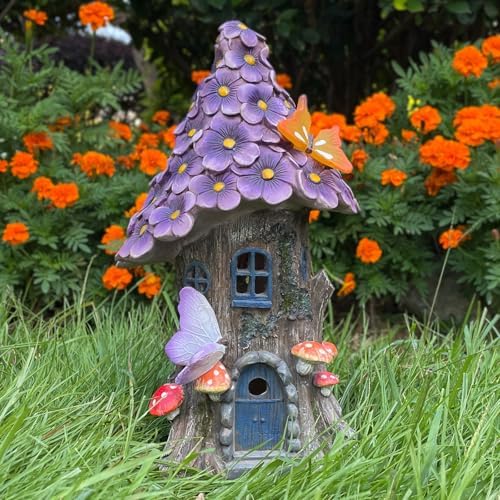 COWOS Mushroom House Statue, Garden Decor Outdoor Solar Statues, Solar Garden Statue Lights, Fairy Garden Decorations, Mushroom Fairy House Figurine with Butterflies and Flowers for Yard Decor - Image 3