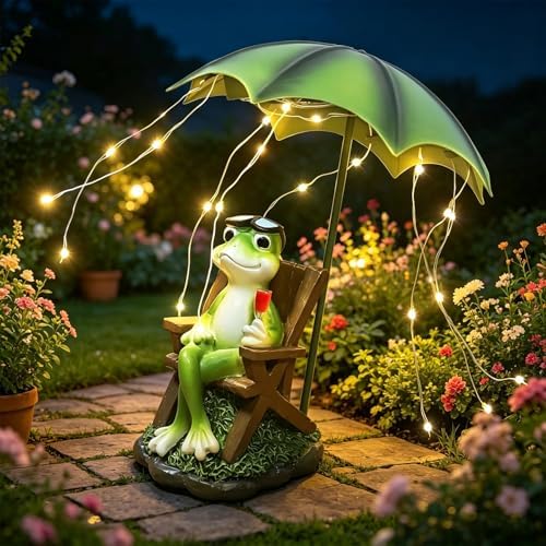 Solar Red Wine Frog Statue Umbrella LED Lantern Waterproof Yard Decor by ASDFG