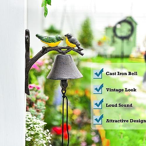 Sungmor Cast Iron Dinner Bell, Outside Farmhouse Door Bell, Wall Hanging Bell, Antique Lovely Color Birds Decorative Manually Shaking Doorbell, Indoor Outdoor Wall Mounted Ornamental Dinner Bell - Image 6
