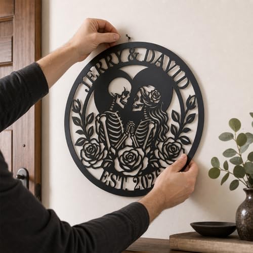 Personalized Skeleton Couple Metal Sign, Gothic Romantic Wall Art, Custom Skull Lovers Gift for Couples, Skeleton Rose Wall Sign, Metal Anniversary Wedding Decor(Style 11) - Image 2