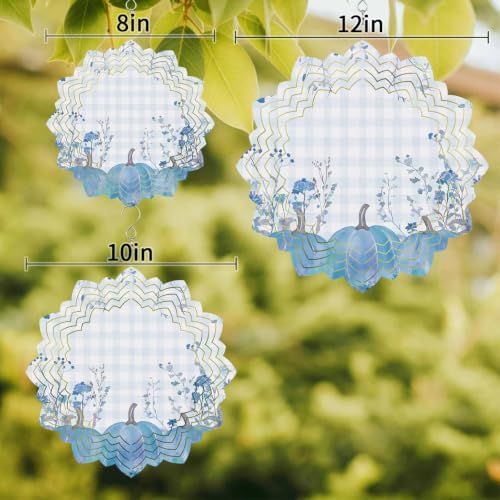 10 Inch Blue Pumpkins Wind Spinner for Yard and Garden,Thanksgiving Maple Leaf Harvest Retro Plaid Hanging Ornaments Outdoor 3D Kinetic Wind Sculpture Spinners Indoor Outdoor Patio Décor Gift - Image 3
