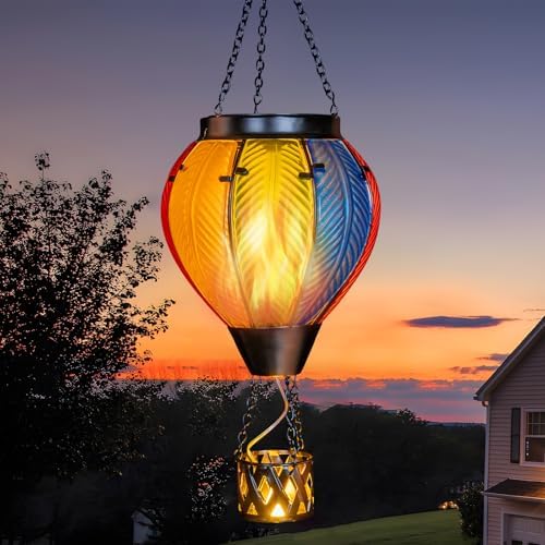 Larekook Solar Hot Air Balloon Lantern with Flickering Flame Light,Glass Hanging Garden Decor Hot Air Balloon Solar Lantern Outdoor Waterproof for Yard Patio Porch Lawn(Rainbow) by Larekook