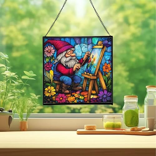 Painter Gnome at Work Stained Glass Suncatcher – Square Hanging Window Panel for Home or Greenhouse – Whimsical Glass Art Gift for Garden Lovers, Christmas, Halloween, Father Days qzln3W - Image 2