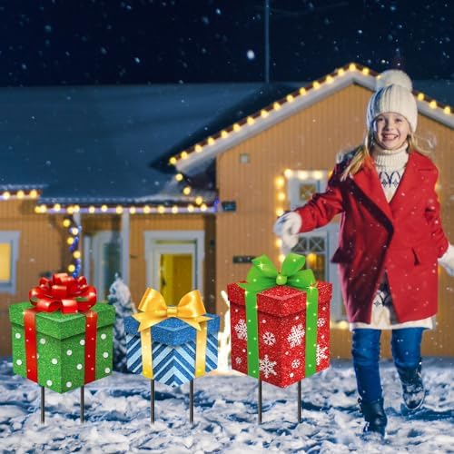 Drydiet 3 Pack Metal Christmas Yard Signs Decor Xmas Yard Stakes Outdoor with Stakes for Holiday Outdoor Garden Lawn Pathway Decoration(Gift Boxes) - Image 4