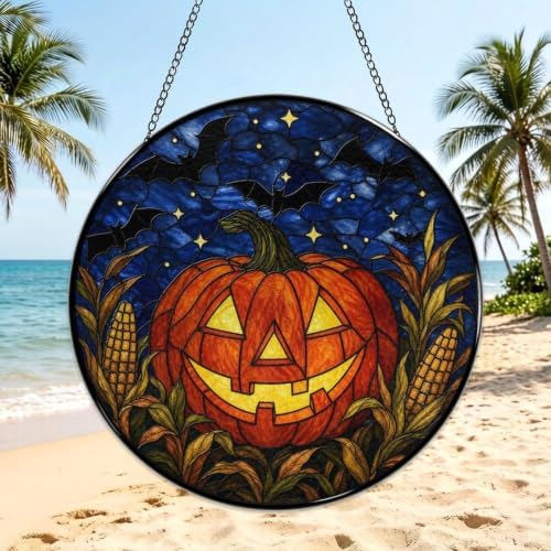 Jack O Lantern Bats Corn Stained Glass Suncatcher 9.8" Colorful Window Hanging Ornament, Retro Sun Catcher Decor with Chain for Home Wall Garden Birthday Christmas Mothers Day - Image 3