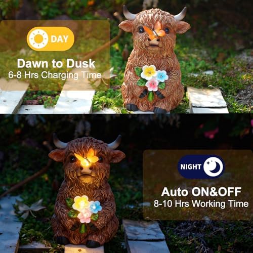 Solar Highland Cow Outdoor Statue, Garden Sculpture with Lighted Butterfly - Image 3