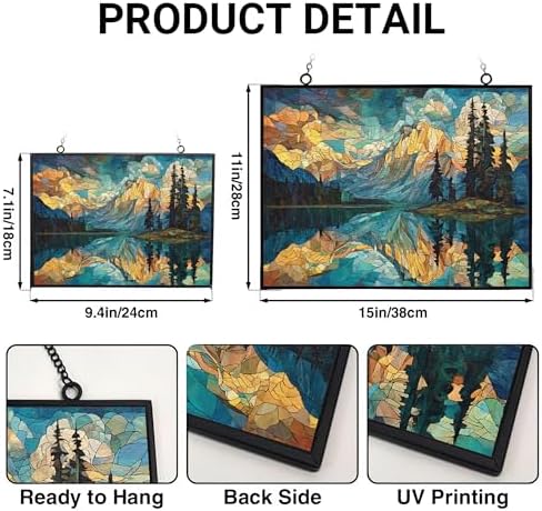 Rectangle Mosaic Mountain Reflection Lake Stained Glass Window Hanging, 15" W X 11" H Stained Glass Panel with Chain, Suncatchers for Windows Hanging Decorations, Gifts for Mom, Grandma - Image 3