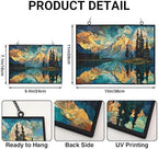 Rectangle Mosaic Mountain Reflection Lake Stained Glass Window Hanging, 15" W X 11" H Stained Glass Panel with Chain, Suncatchers for Windows Hanging Decorations, Gifts for Mom - Image 3