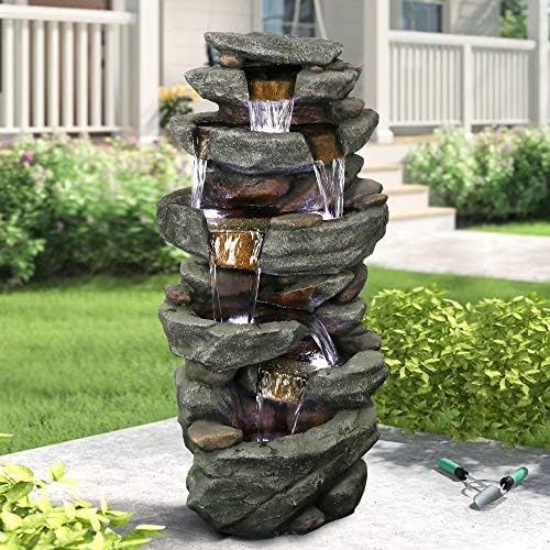 PeterIvan Outdoor Relaxing Waterfall - 6-Tier Fountain with 6 LED Lights, Stone-Liking Resin for Patio, Garden, House&Office (40.6in, Grey) by PeterIvan