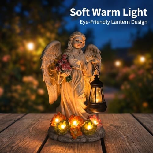 Solar Angel Statues Outdoor Garden Lawn Decor, 9.5" Resin Angel Statue with Solar Succulent & LED Lantern Lights Garden Patio, Yard Accessories, Fairy Sculpture and Figurine Decor Statue, Gift for Mom - Image 3