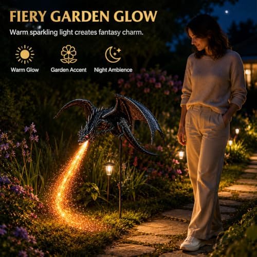 Solar Dragon Fire Garden Stake Light, Gothic Fantasy Solar Powered Lawn - Image 2