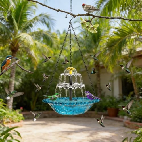 Solar Cascade Hanging Bird Bath Fountain, Outdoor Solar Powered Hanging Bird Bath with Pump Dispenser, Large Humming Birds Shower Bowl Kit for Garden Patio Yard Balcony Decoration (Blue) - Image 6