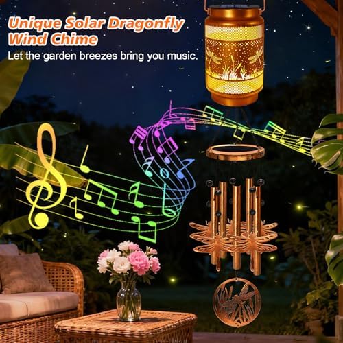 Dragonfly Solar Wind Chimes for Outside, Gifts for Mom Women Grandma Birthday Memorial Teacher, 32" Windchimes Outdoor Decor Hanging Solar Lantern for Garden Porch Patio Backyard - Image 4